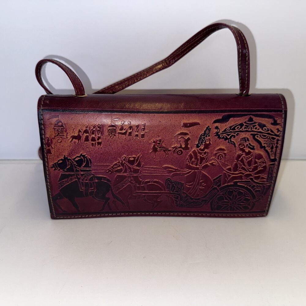 Vintage Hand Tooled Leather Crossbody Bag Burgundy Oxblood Chariot Horse Clutch